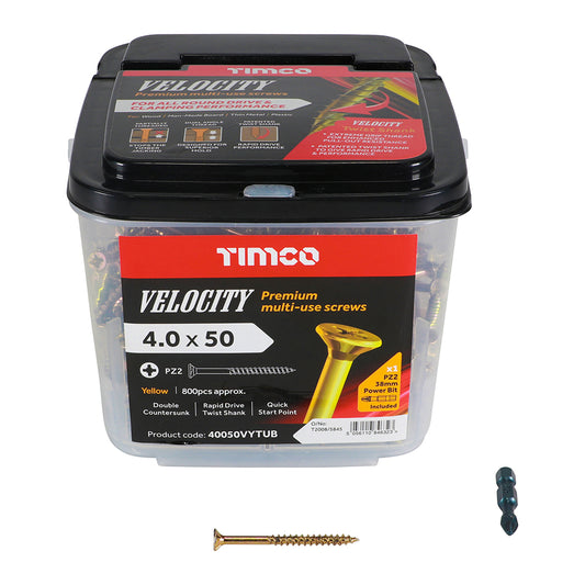 TIMCO Velocity Premium Multi-Use Countersunk Gold Woodscrews - 4.0 x 50 Tub OF 800 - 40050VYTUB