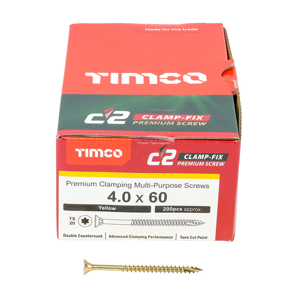 TIMCO C2 Clamp-Fix Multi-Purpose Premium Countersunk Gold Woodscrews - 4.0 x 25 Box OF 200 - 40025C2C