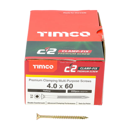 TIMCO C2 Clamp-Fix Multi-Purpose Premium Countersunk Gold Woodscrews - 4.0 x 25 Box OF 200 - 40025C2C