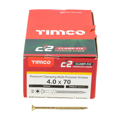 TIMCO C2 Clamp-Fix Multi-Purpose Premium Countersunk Gold Woodscrews - 4.0 x 70 Box OF 200 - 40070C2C