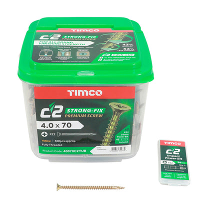 TIMCO C2 Strong-Fix Multi-Purpose Premium Countersunk Gold Woodscrews - 4.0 x 70 Tub OF 500 - 40070C2TUB