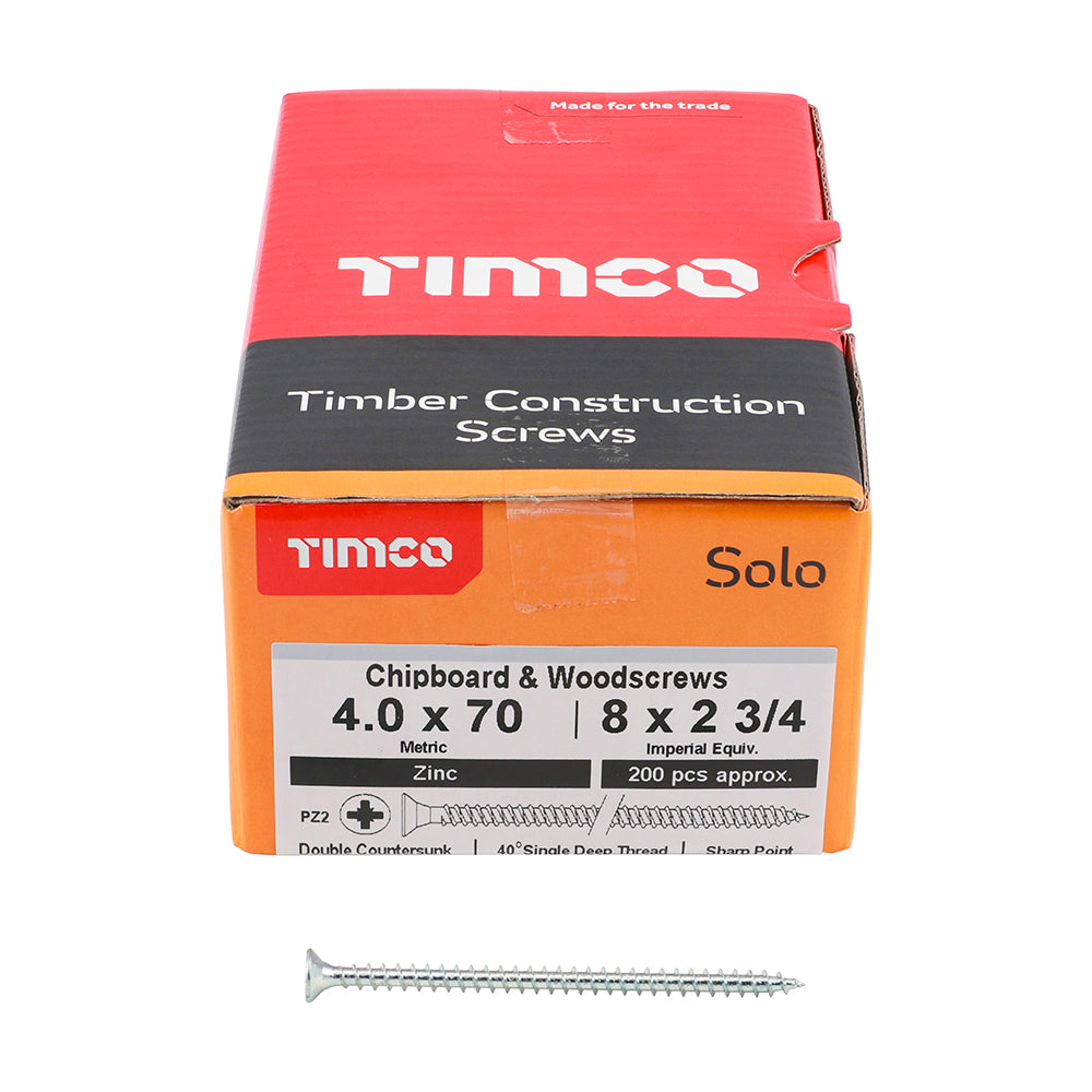TIMCO Solo Countersunk Silver Woodscrews - 4.0 x 70 Box OF 200 - 40070SOLOZ