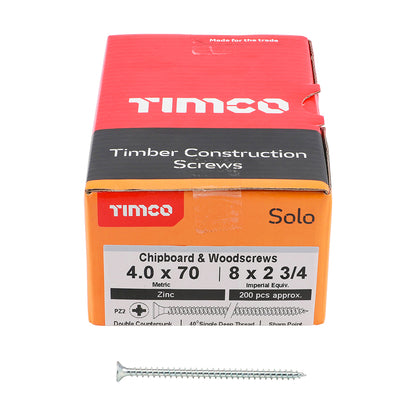 TIMCO Solo Countersunk Silver Woodscrews - 4.0 x 70 Box OF 200 - 40070SOLOZ