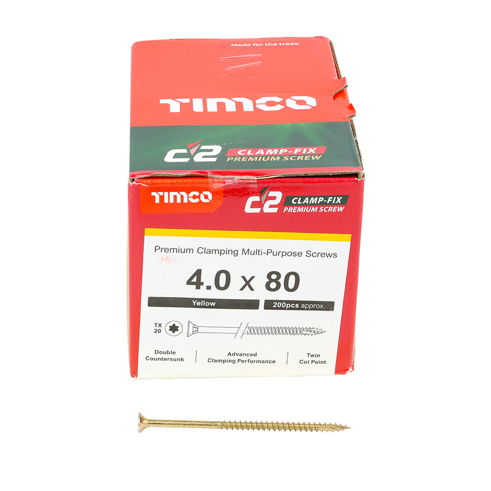TIMCO C2 Clamp-Fix Multi-Purpose Premium Countersunk Gold Woodscrews - 4.0 x 25 Box OF 200 - 40025C2C