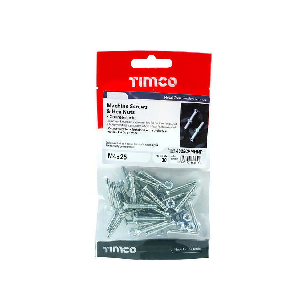 TIMCO Machine Countersunk Screws & Hex Nut Silver - M4 x 25 TIMpac OF 30 - 4025CPMHNP