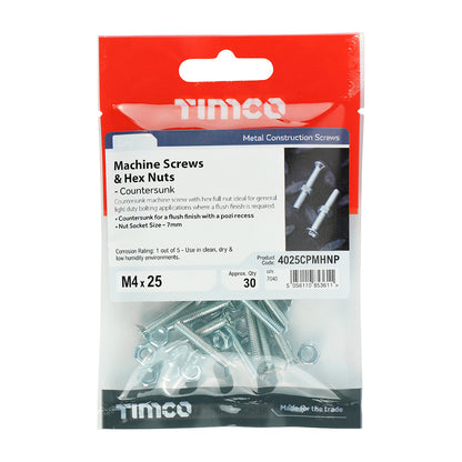 TIMCO Machine Countersunk Screws & Hex Nut Silver - M4 x 25 TIMpac OF 30 - 4025CPMHNP