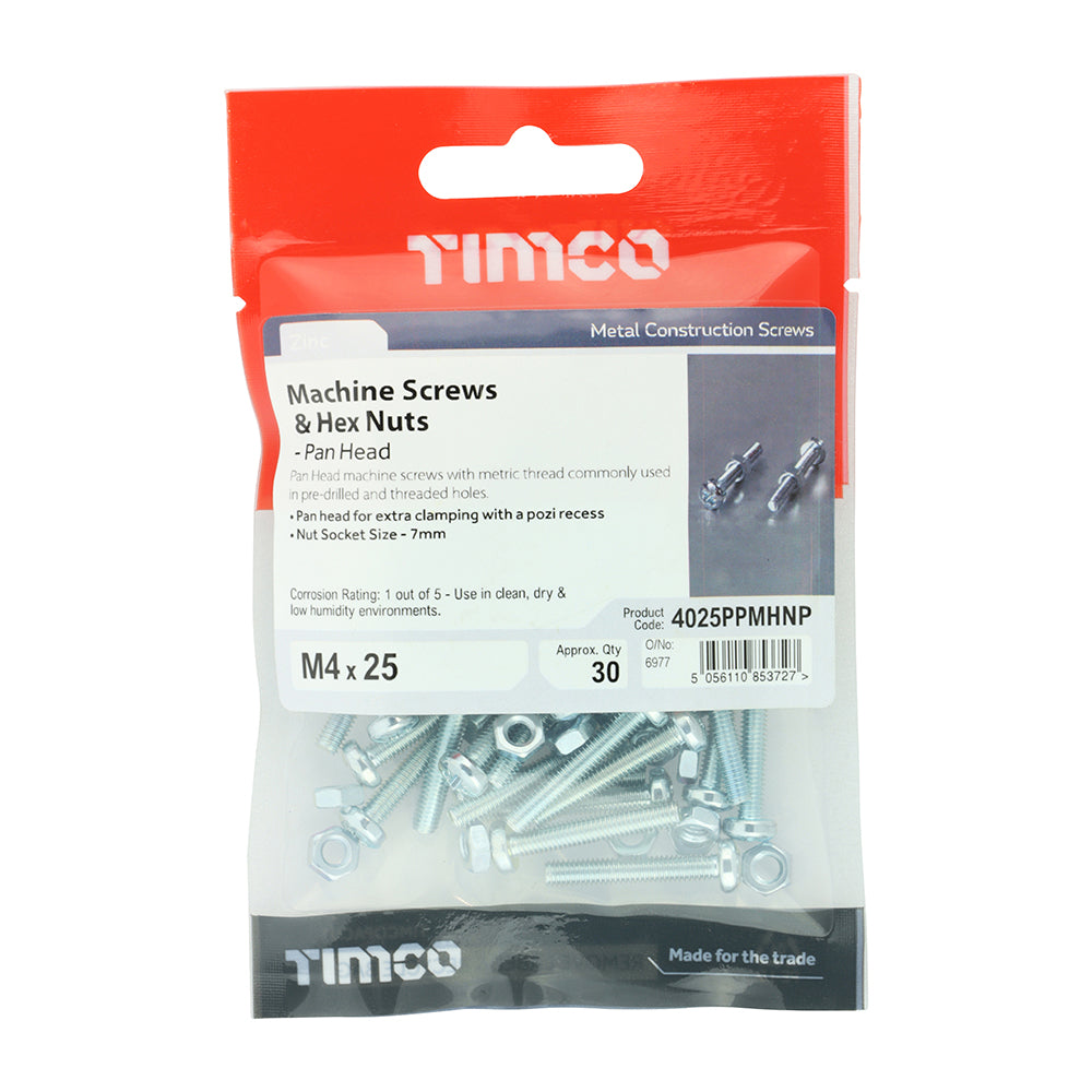 TIMCO Machine Pan Head Screws & Hex Nut Silver - M4 x 25 TIMpac OF 30 - 4025PPMHNP
