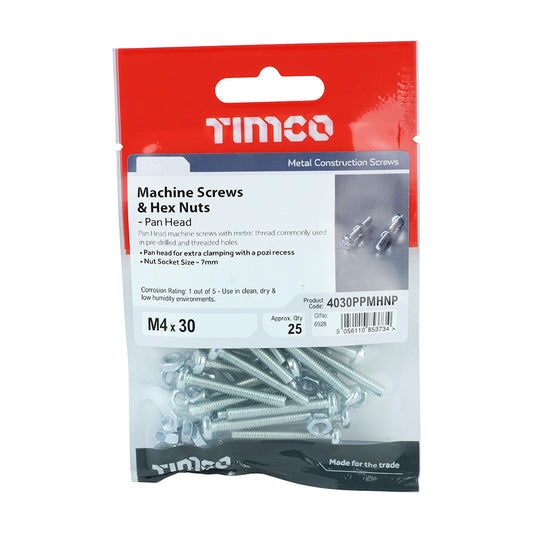 TIMCO Machine Pan Head Screws & Hex Nut Silver - M4 x 30 TIMpac OF 25 - 4030PPMHNP