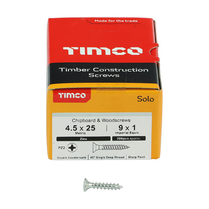 TIMCO Solo Countersunk Silver Woodscrews - 4.5 x 25 Box OF 200 - 45025SOLOZ