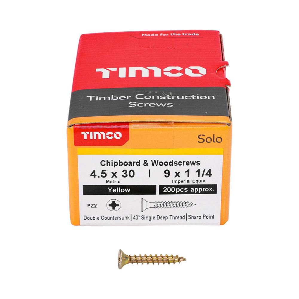 TIMCO Solo Countersunk Gold Woodscrews - 4.5 x 30 Box OF 200 - 45030SOLOC