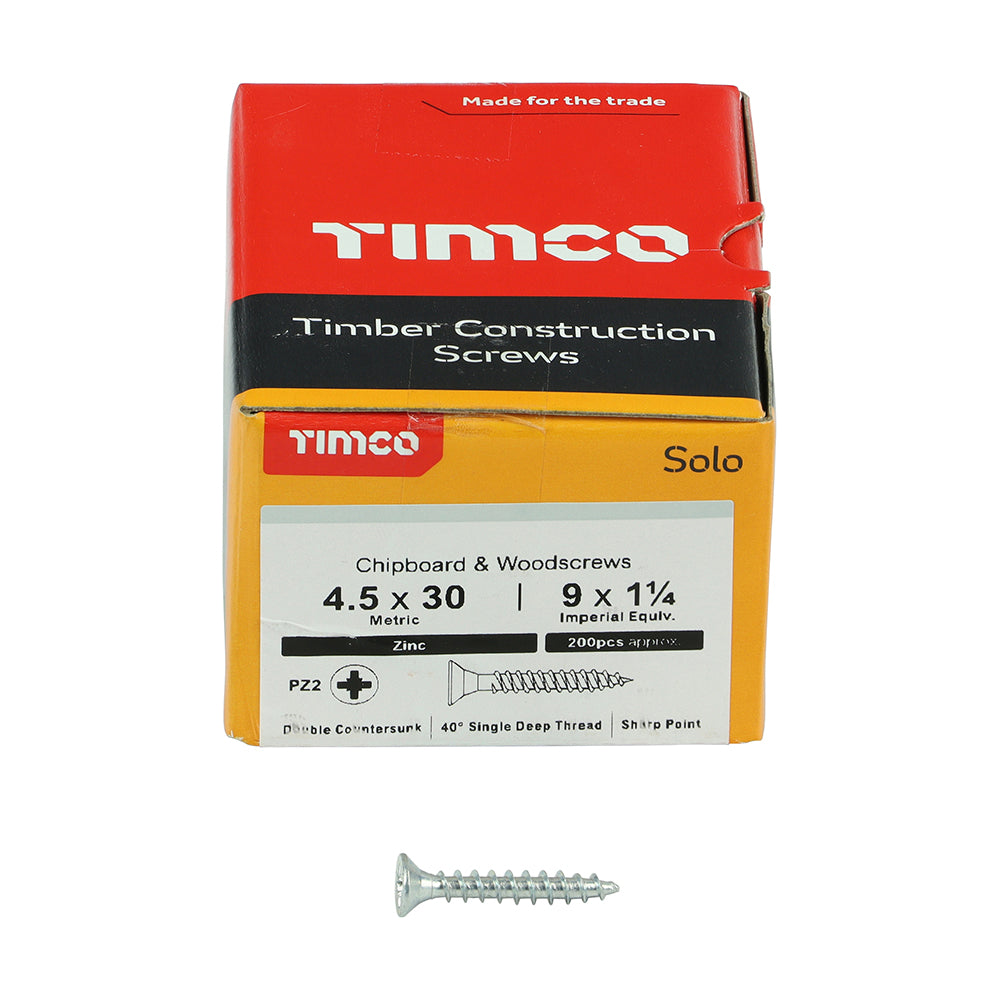 TIMCO Solo Countersunk Silver Woodscrews - 4.5 x 30 Box OF 200 - 45030SOLOZ