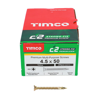 TIMCO C2 Strong-Fix Multi-Purpose Premium Countersunk Gold Woodscrews - 4.5 x 50 Box OF 200 - 45050C2