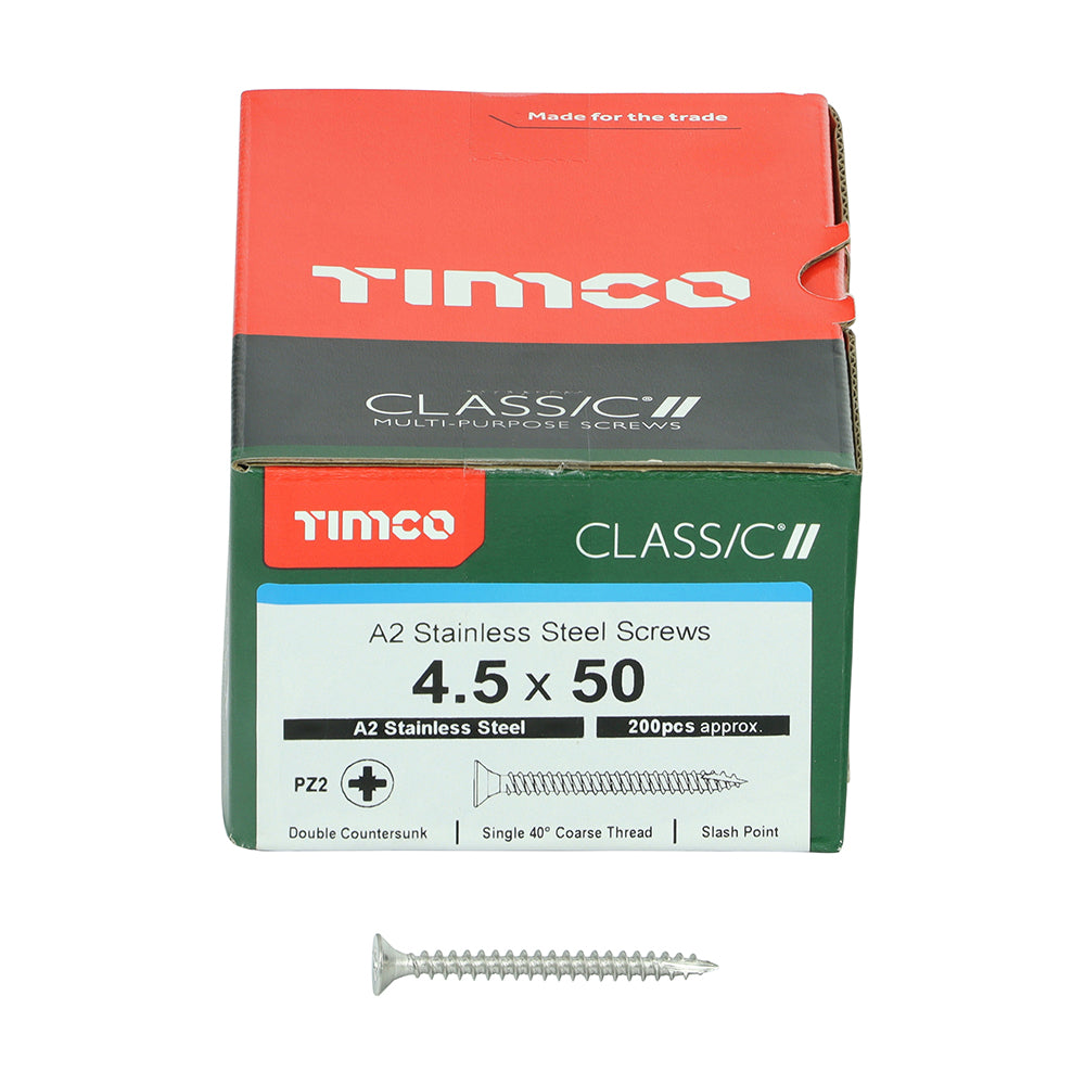 TIMCO Classic Multi-Purpose Countersunk A2 Stainless Steel Woodcrews - 4.5 x 50 Box OF 200 - 45050CLASS