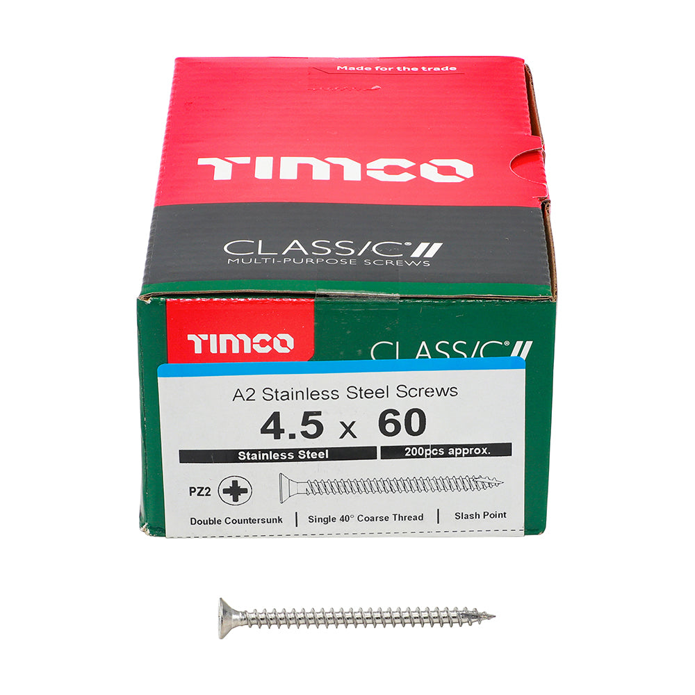 TIMCO Classic Multi-Purpose Countersunk A2 Stainless Steel Woodcrews - 4.5 x 60 Box OF 200 - 45060CLASS
