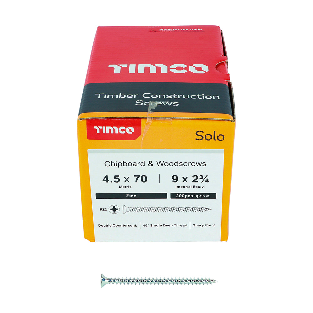 TIMCO Solo Countersunk Silver Woodscrews - 4.5 x 70 Box OF 200 - 45070SOLOZ