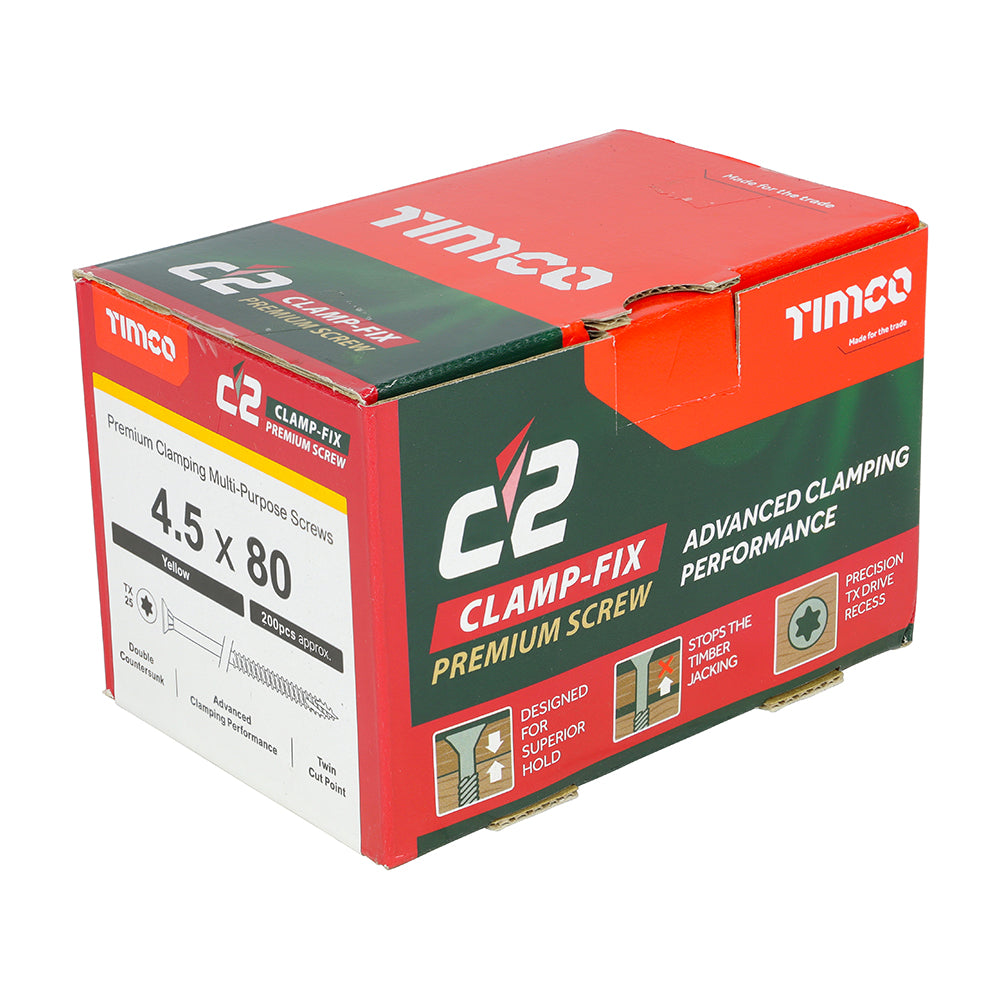 TIMCO C2 Clamp-Fix Multi-Purpose Premium Countersunk Gold Woodscrews - 4.5 x 80 Box OF 200 - 45080C2C