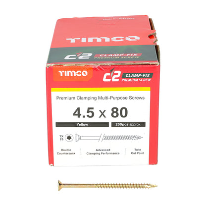 TIMCO C2 Clamp-Fix Multi-Purpose Premium Countersunk Gold Woodscrews - 4.5 x 80 Box OF 200 - 45080C2C