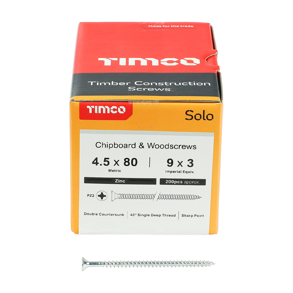 TIMCO Solo Countersunk Silver Woodscrews - 4.5 x 80 Box OF 200 - 45080SOLOZ
