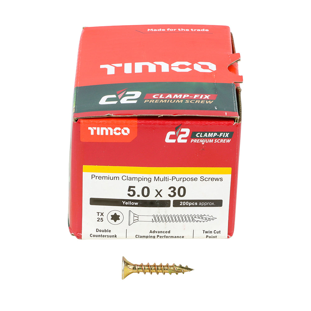 TIMCO C2 Clamp-Fix Multi-Purpose Premium Countersunk Gold Woodscrews - 4.0 x 25 Box OF 200 - 40025C2C