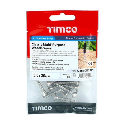 TIMCO Classic Multi-Purpose Countersunk A2 Stainless Steel Woodcrews - 5.0 x 30 TIMpac OF 10 - 50030CHSSP