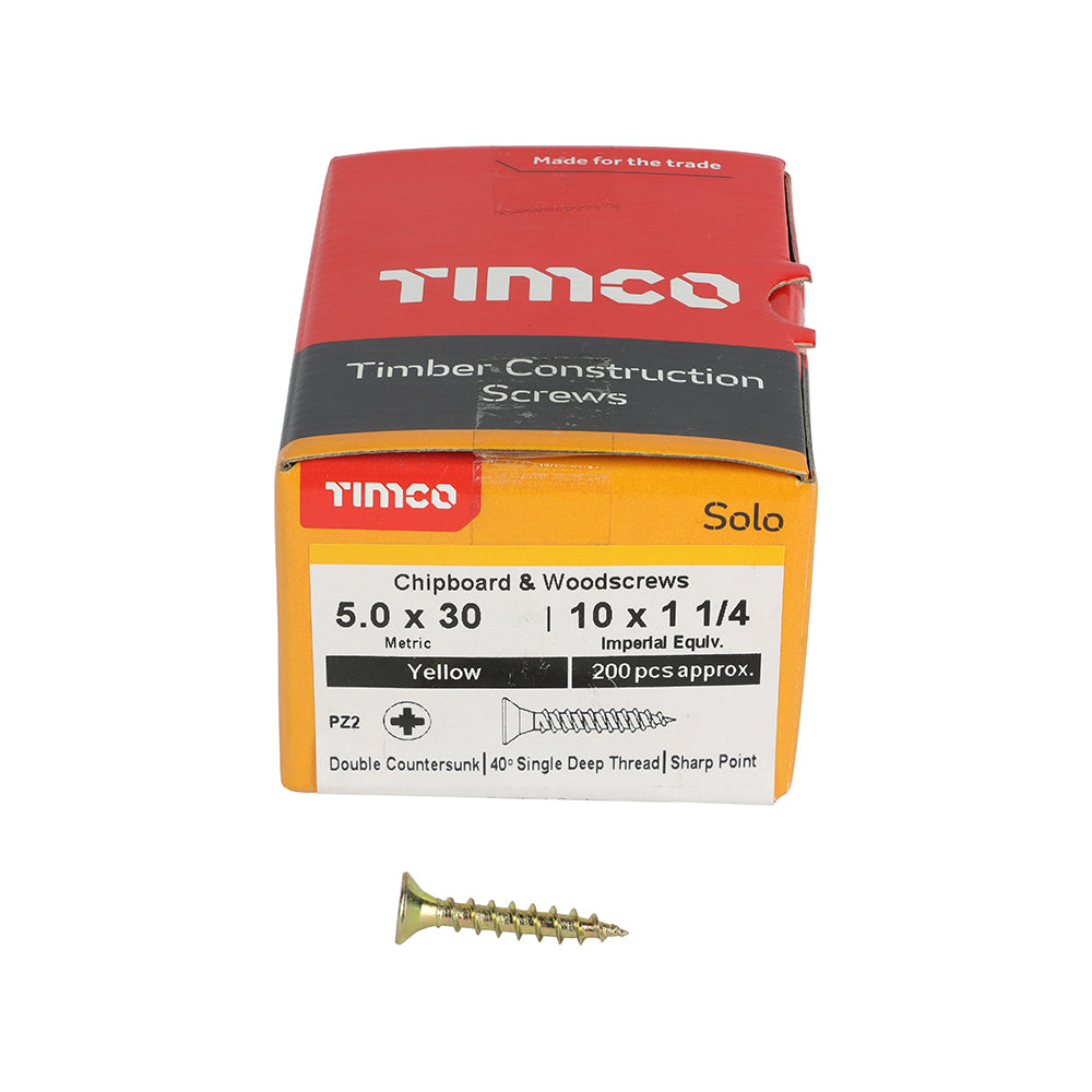 TIMCO Solo Countersunk Gold Woodscrews - 5.0 x 30 Box OF 200 - 50030SOLOC