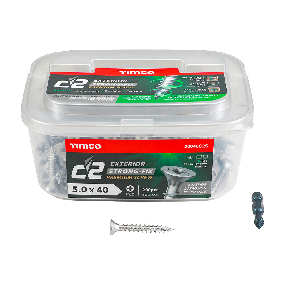 TIMCO C2 Exterior Multi-Purpose Premium Countersunk Silver Woodscrews - 5.0 x 40 Tub OF 200 - 50040C2S