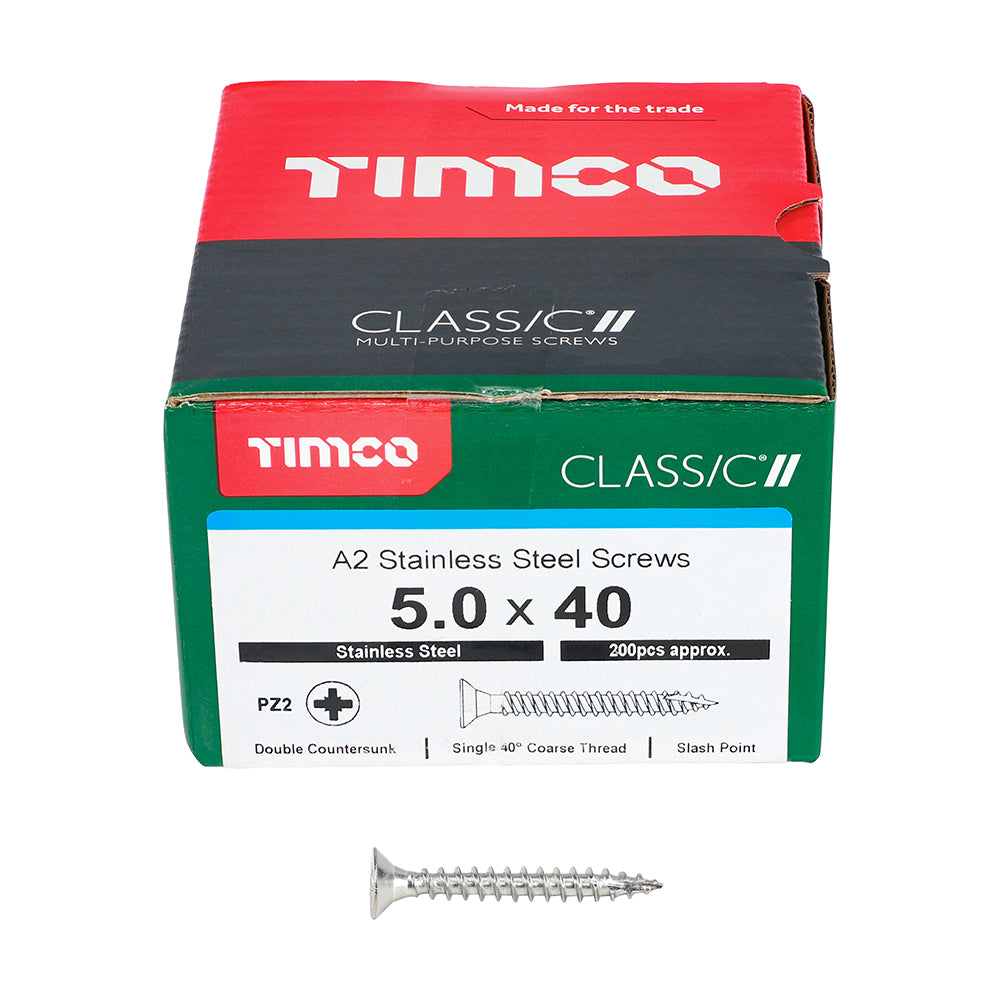 TIMCO Classic Multi-Purpose Countersunk A2 Stainless Steel Woodcrews - 5.0 x 40 Box OF 200 - 50040CLASS