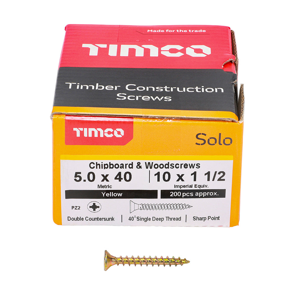 TIMCO Solo Countersunk Gold Woodscrews - 5.0 x 40 Box OF 200 - 50040SOLOC