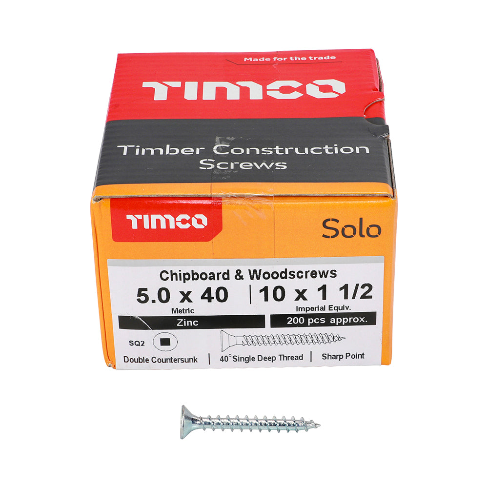 TIMCO Solo Countersunk Silver Woodscrews - 5.0 x 40 Box OF 200 - 50040SQSZ