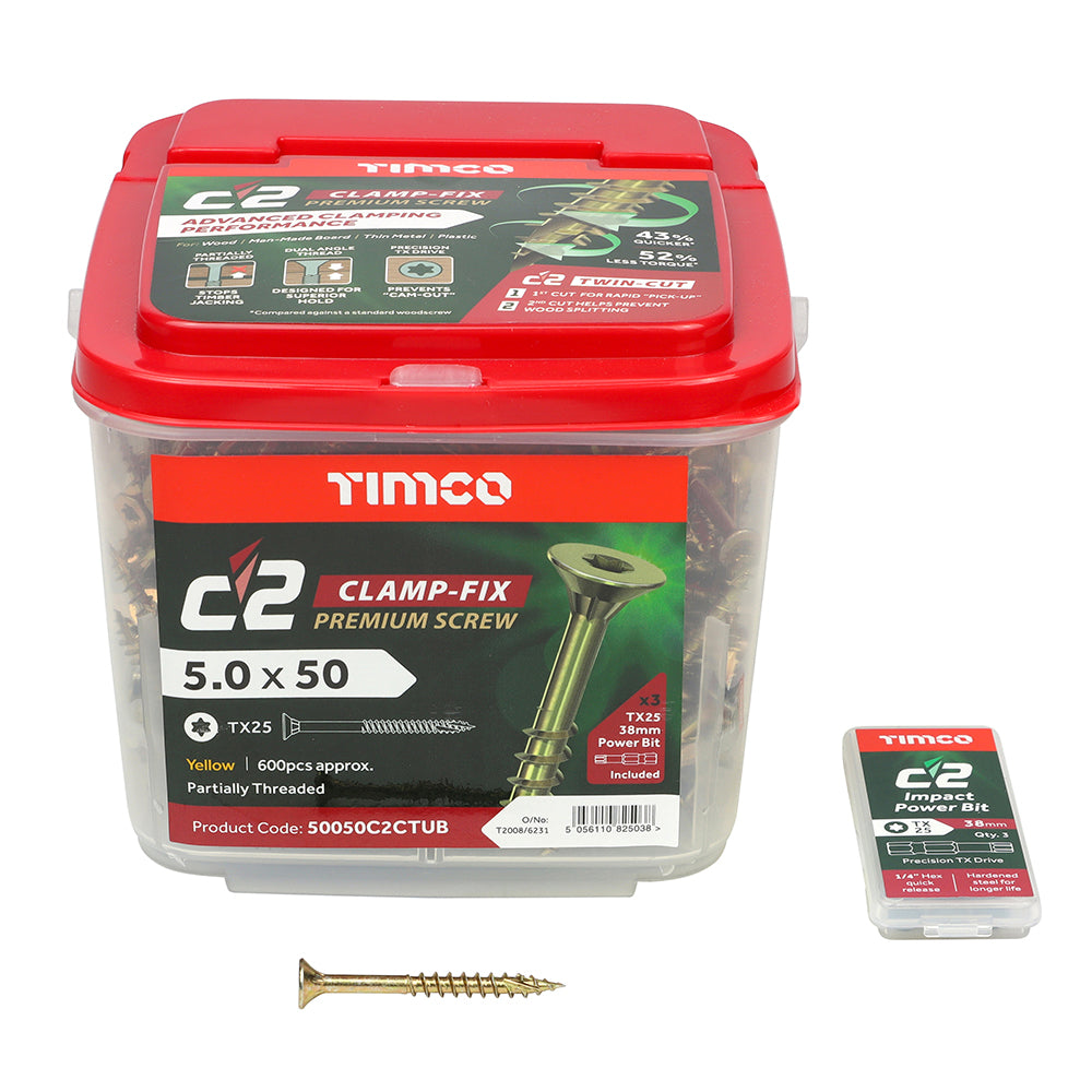 TIMCO C2 Clamp-Fix Multi-Purpose Premium Countersunk Gold Woodscrews - 4.0 x 25 Box OF 200 - 40025C2C