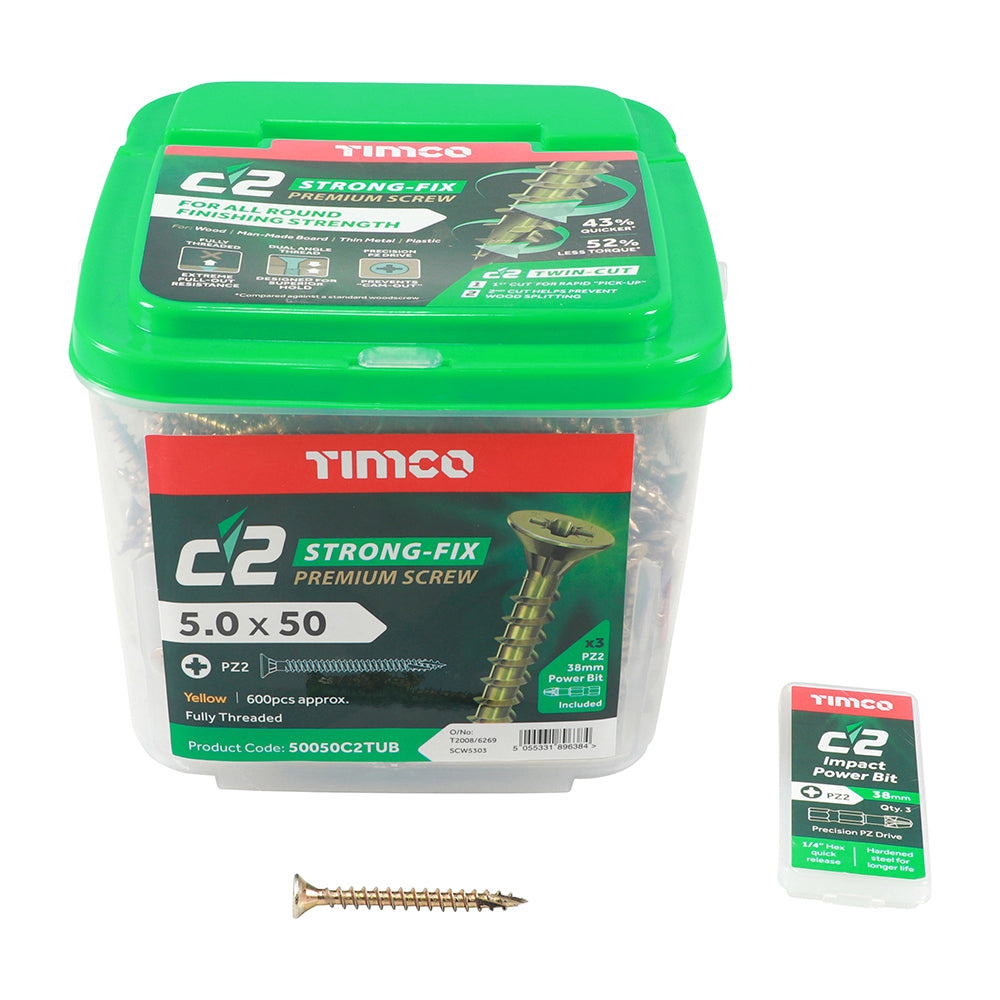 TIMCO C2 Strong-Fix Multi-Purpose Premium Countersunk Gold Woodscrews - 5.0 x 50 Tub OF 600 - 50050C2TUB