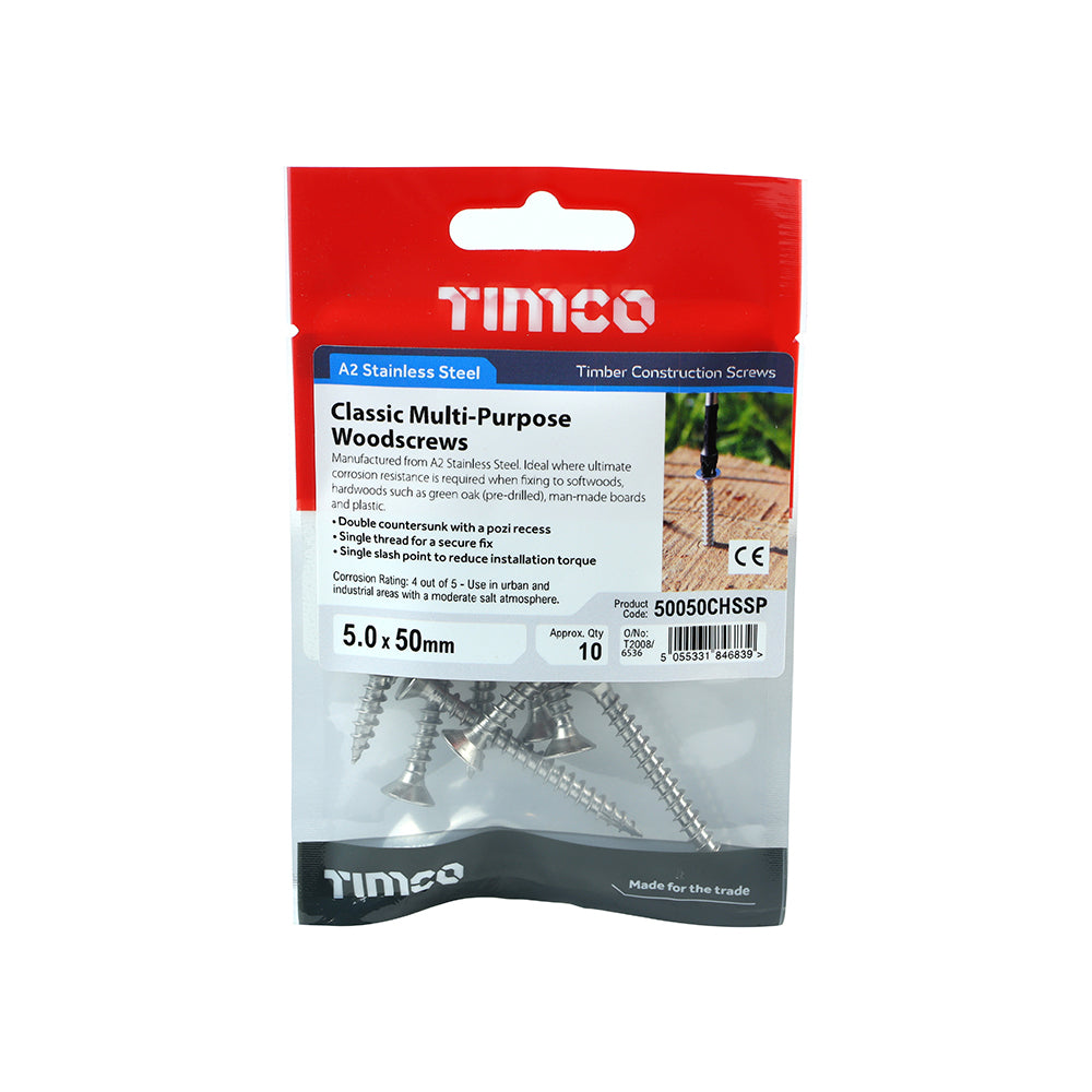 TIMCO Classic Multi-Purpose Countersunk A2 Stainless Steel Woodcrews - 5.0 x 50 TIMpac OF 10 - 50050CHSSP