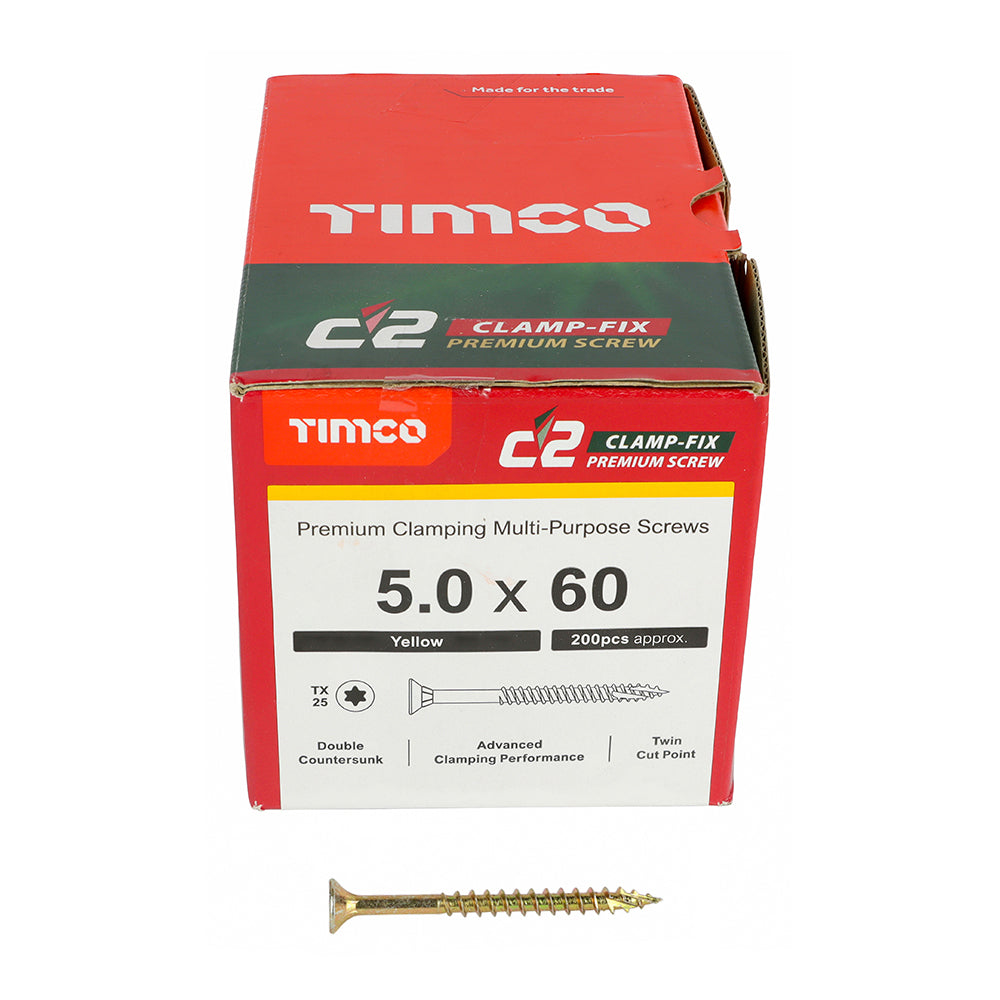TIMCO C2 Clamp-Fix Multi-Purpose Premium Countersunk Gold Woodscrews - 4.0 x 25 Box OF 200 - 40025C2C