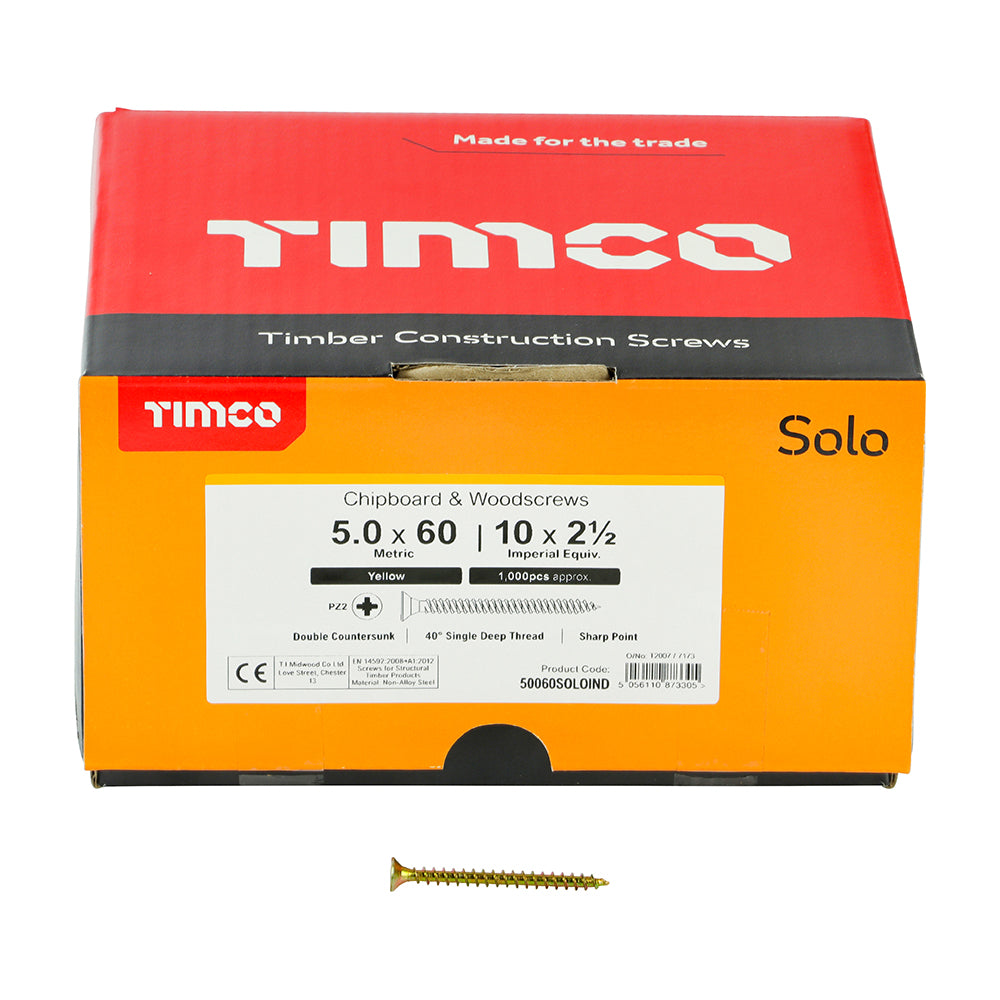TIMCO Solo Countersunk Gold Woodscrews - 5.0 x 60 Box OF 1000 - 50060SOLOIND