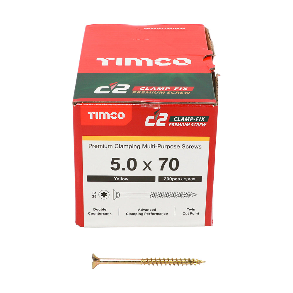TIMCO C2 Clamp-Fix Multi-Purpose Premium Countersunk Gold Woodscrews - 4.0 x 25 Box OF 200 - 40025C2C