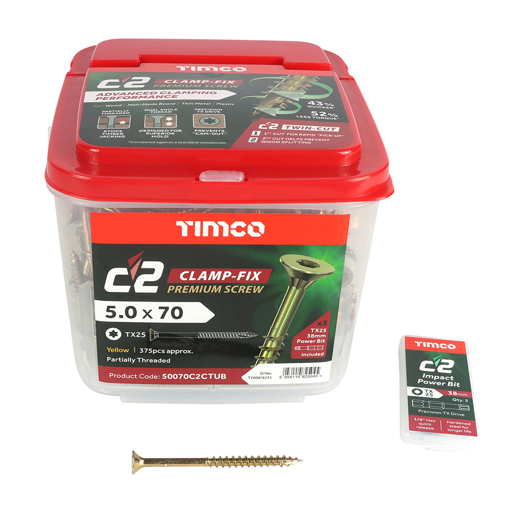 TIMCO C2 Clamp-Fix Multi-Purpose Premium Countersunk Gold Woodscrews - 5.0 x 70 Tub OF 375 - 50070C2CTUB