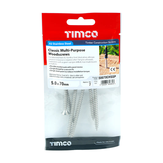 TIMCO Classic Multi-Purpose Countersunk A2 Stainless Steel Woodcrews - 5.0 x 70 TIMpac OF 7 - 50070CHSSP