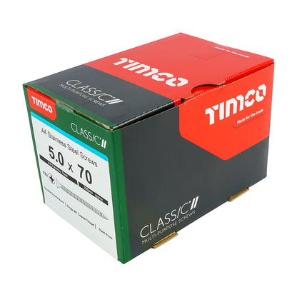 TIMCO Classic Multi-Purpose Countersunk A4 Stainless Steel Woodcrews - 5.0 x 70 Box OF 200 - 50070CLA4