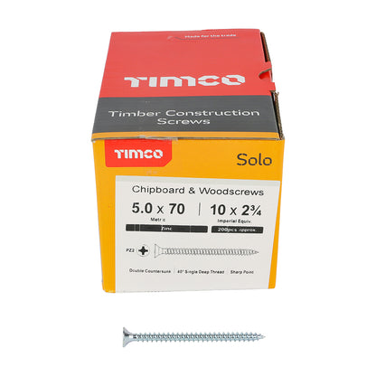 TIMCO Solo Countersunk Silver Woodscrews - 5.0 x 70 Box OF 200 - 50070SOLOZ