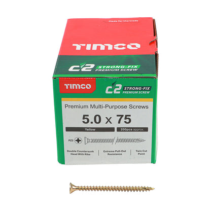 TIMCO C2 Strong-Fix Multi-Purpose Premium Countersunk Gold Woodscrews - 5.0 x 75 Box OF 200 - 50075C2