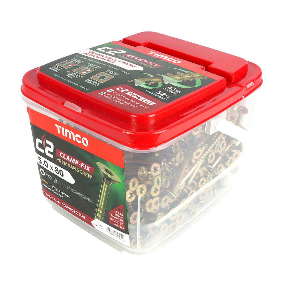 TIMCO C2 Clamp-Fix Multi-Purpose Premium Countersunk Gold Woodscrews - 5.0 x 80 Tub OF 350 - 50080C2CTUB