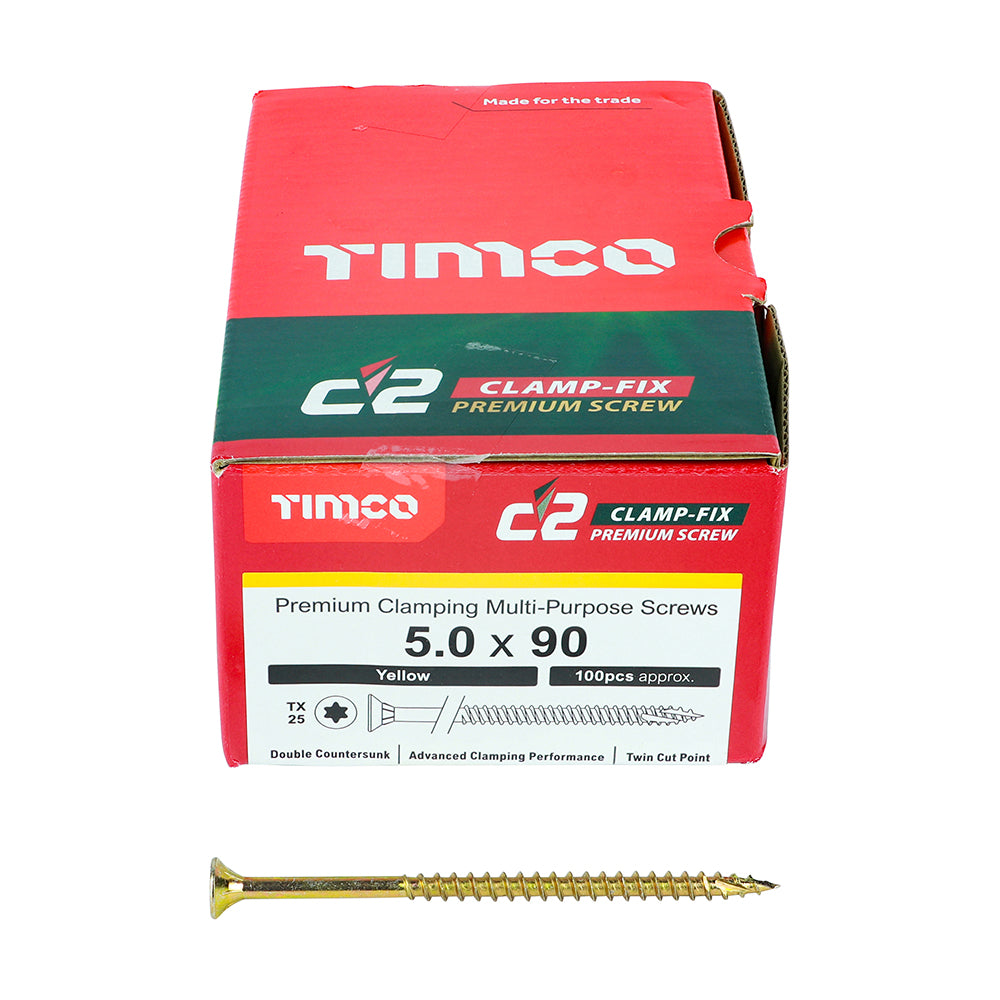 TIMCO C2 Clamp-Fix Multi-Purpose Premium Countersunk Gold Woodscrews - 5.0 x 90 Box OF 100 - 50090C2C