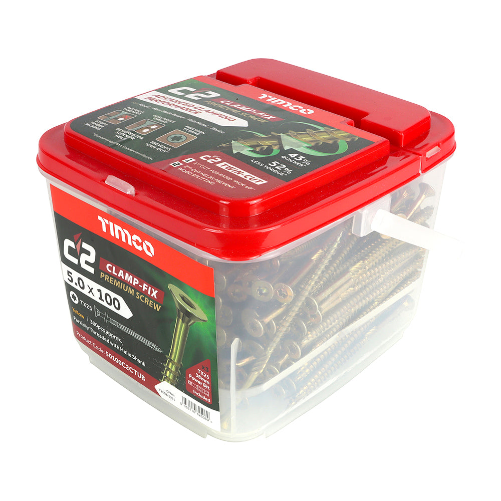 TIMCO C2 Clamp-Fix Multi-Purpose Premium Countersunk Gold Woodscrews - 5.0 x 100 Tub OF 300 - 50100C2CTUB