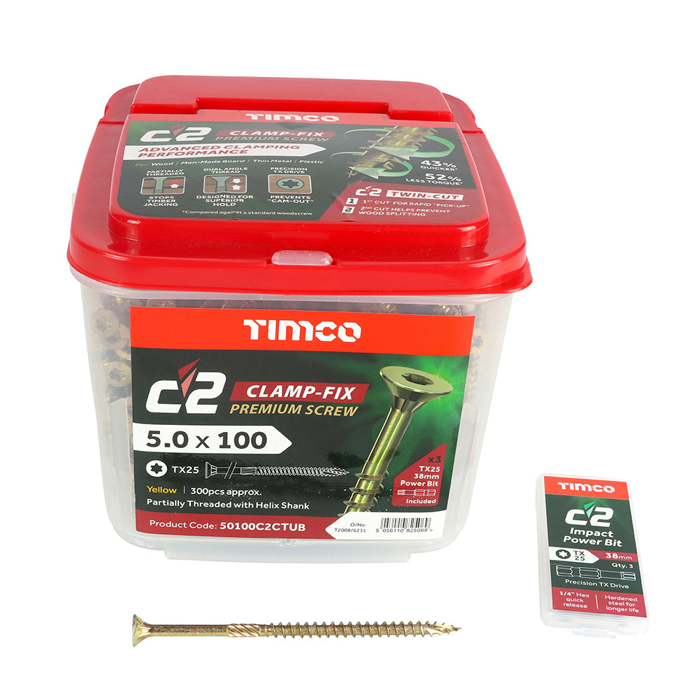 TIMCO C2 Clamp-Fix Multi-Purpose Premium Countersunk Gold Woodscrews - 4.0 x 25 Box OF 200 - 40025C2C