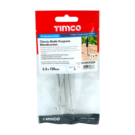 TIMCO Classic Multi-Purpose Countersunk A2 Stainless Steel Woodcrews - 5.0 x 100 TIMpac OF 4 - 50100CHSSP