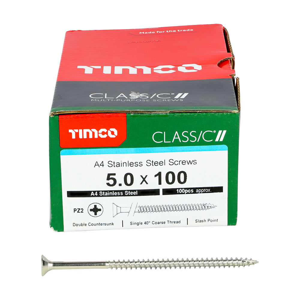 TIMCO Classic Multi-Purpose Countersunk A4 Stainless Steel Woodcrews - 5.0 x 100 Box OF 100 - 50100CLA4