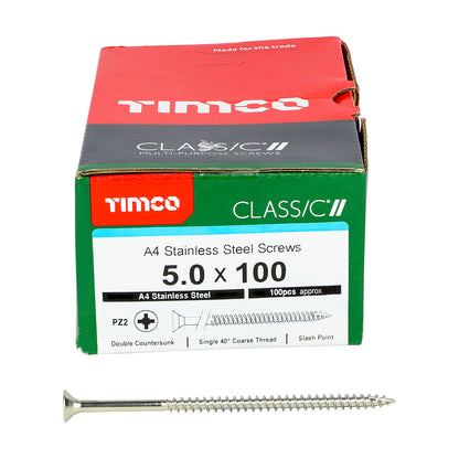 TIMCO Classic Multi-Purpose Countersunk A4 Stainless Steel Woodcrews - 5.0 x 100 Box OF 100 - 50100CLA4
