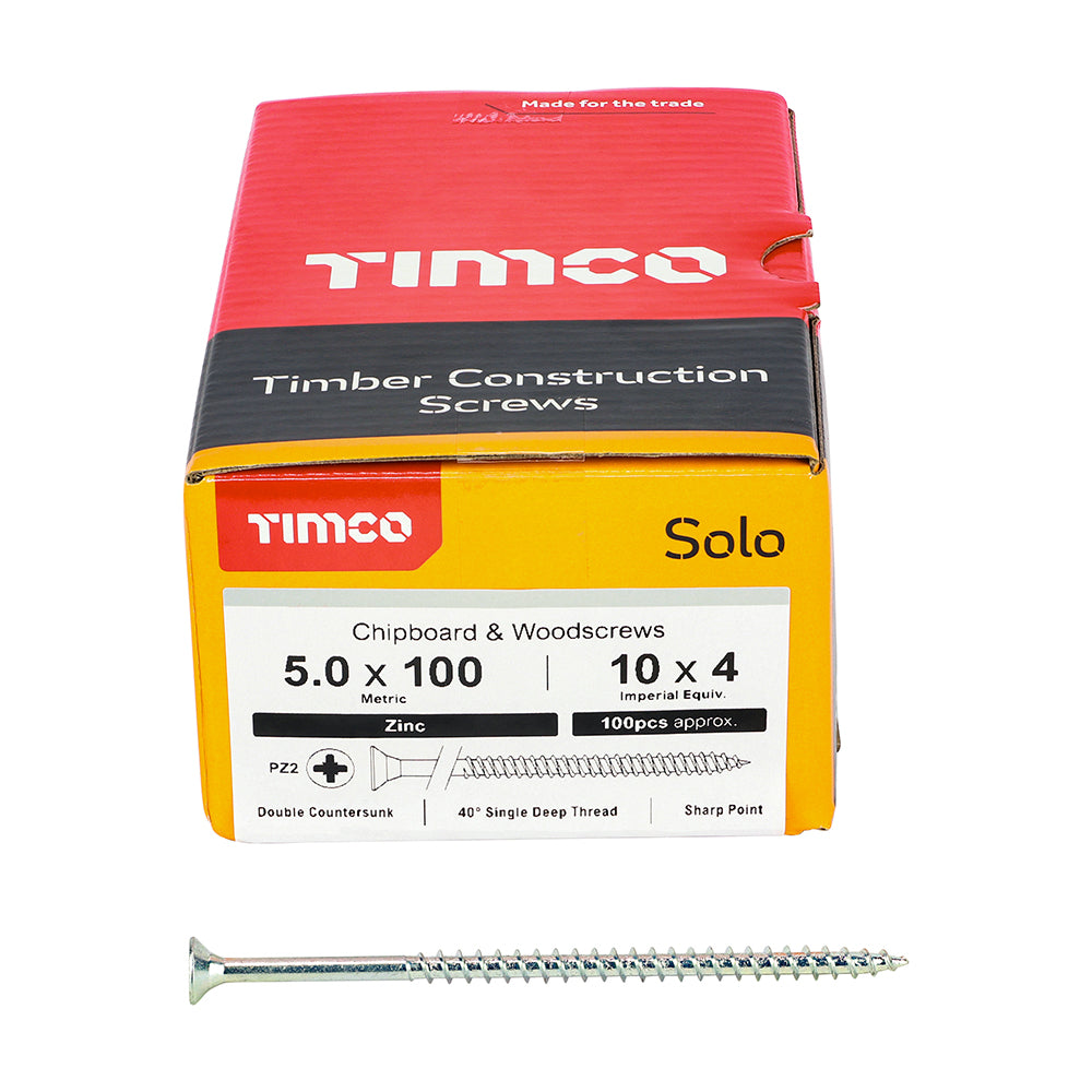 TIMCO Solo Countersunk Silver Woodscrews - 5.0 x 100 Box OF 100 - 50100SOLOZ