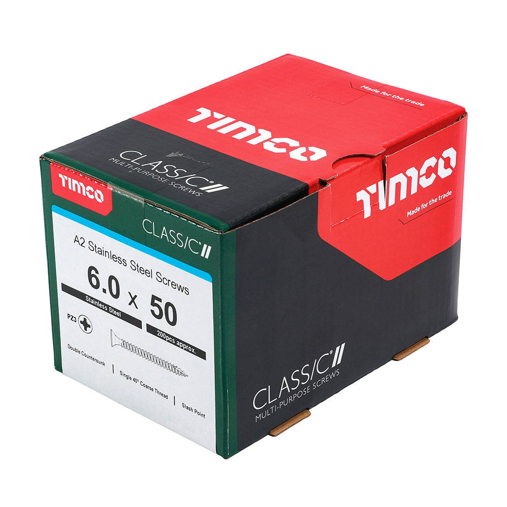 TIMCO Classic Multi-Purpose Countersunk A2 Stainless Steel Woodcrews - 6.0 x 50 Box OF 200 - 60050CLASS