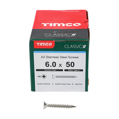 TIMCO Classic Multi-Purpose Countersunk A2 Stainless Steel Woodcrews - 6.0 x 50 Box OF 200 - 60050CLASS